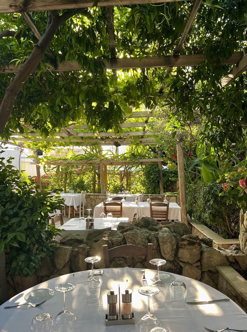 A round table set with wine glasses in the foreground, more tables beyond a low stone wall, all under the vine pergola